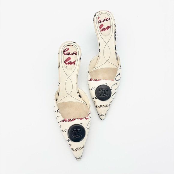 NEW Chanel 2006 Cruise Script Print CC Logo Pointed Toe Kitten Heel Mules 40 - Picture 5 of 10